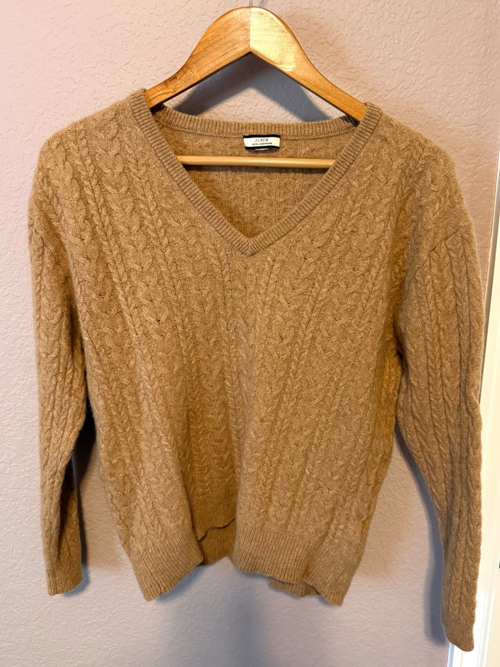 J. Crew Women's 100% Cashmere Camel Cable-Knit V-Neck Sweater